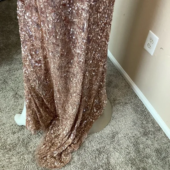 MacDuggal Rose Gold Sequin Evening Gown with Slit and Train - Picture 9 of 14